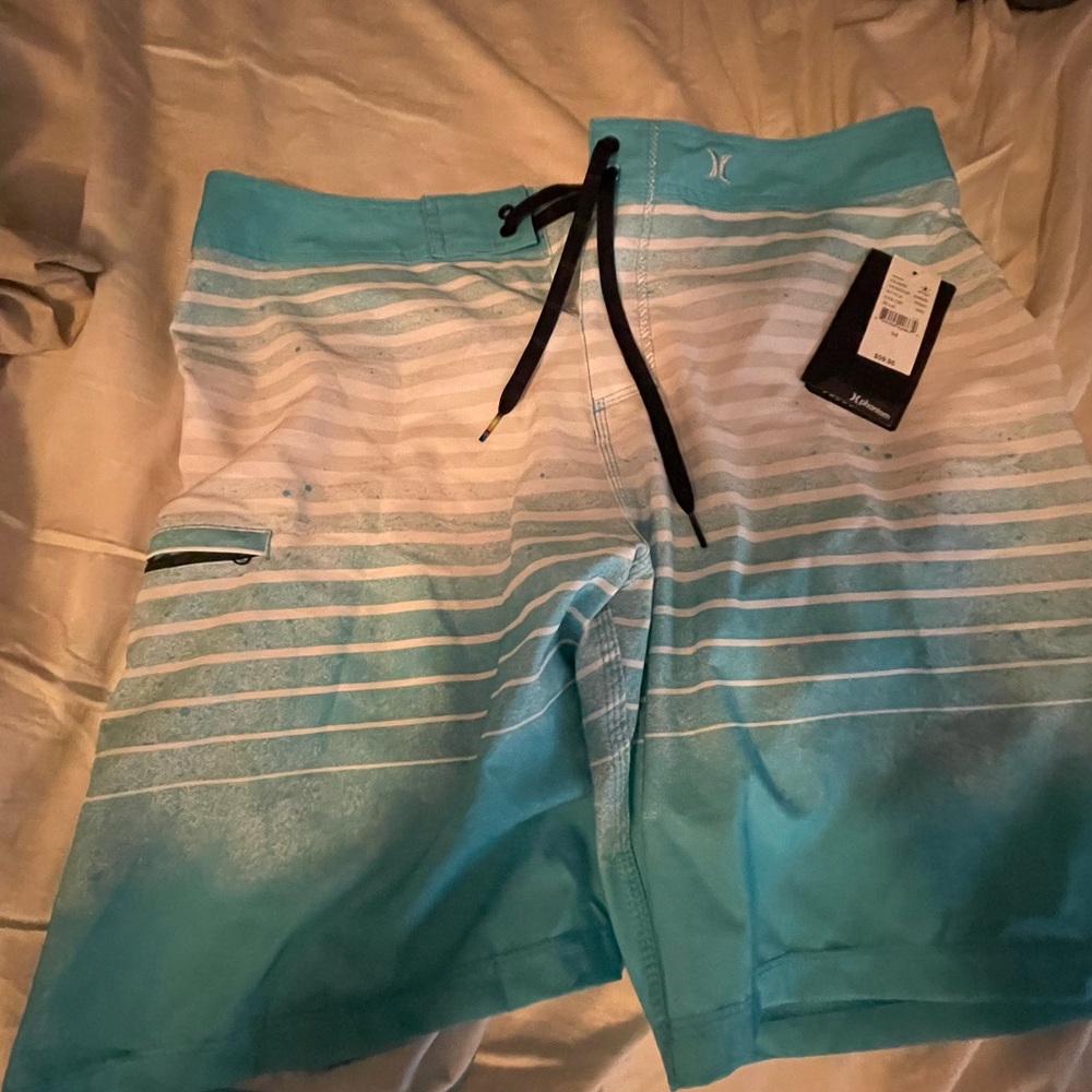 Hurley Aqua and White Striped Swim Shorts